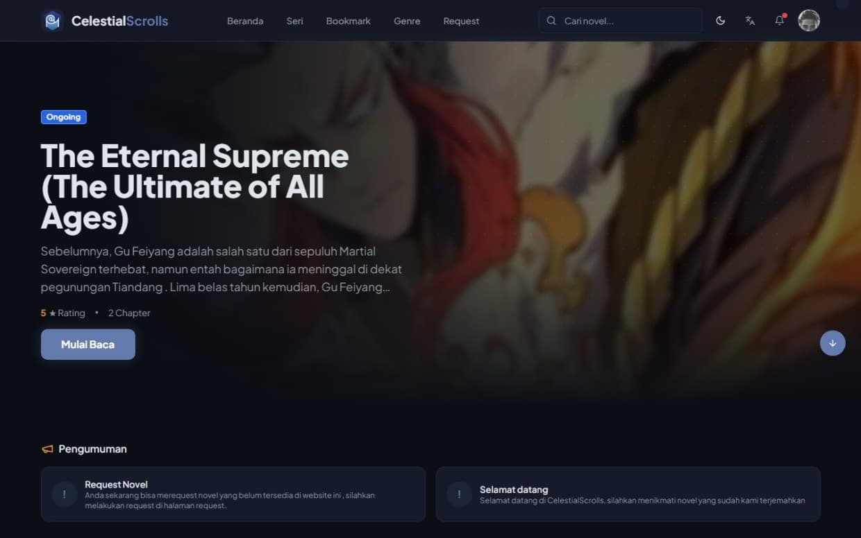 Screenshot platform membaca light novel online Celestial Scrolls dengan katalog novel dan halaman pembaca.