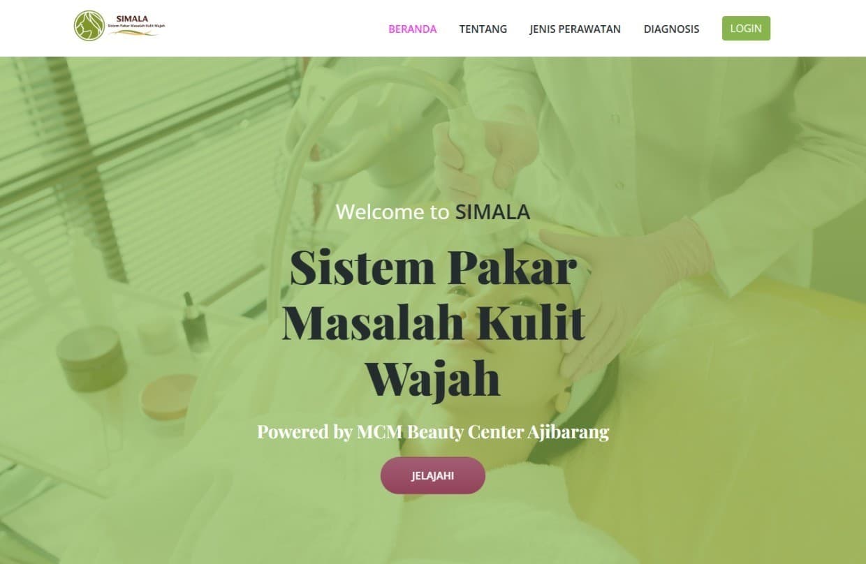 Screenshot sistem pakar diagnosis penyakit kulit wajah dengan fitur konsultasi dan hasil analisis.